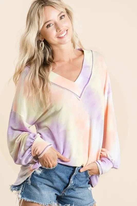 BiBi Tie Dye French Terry V-Neck Top with Puff Sleeves - Trendsi - Flyclothing LLC
