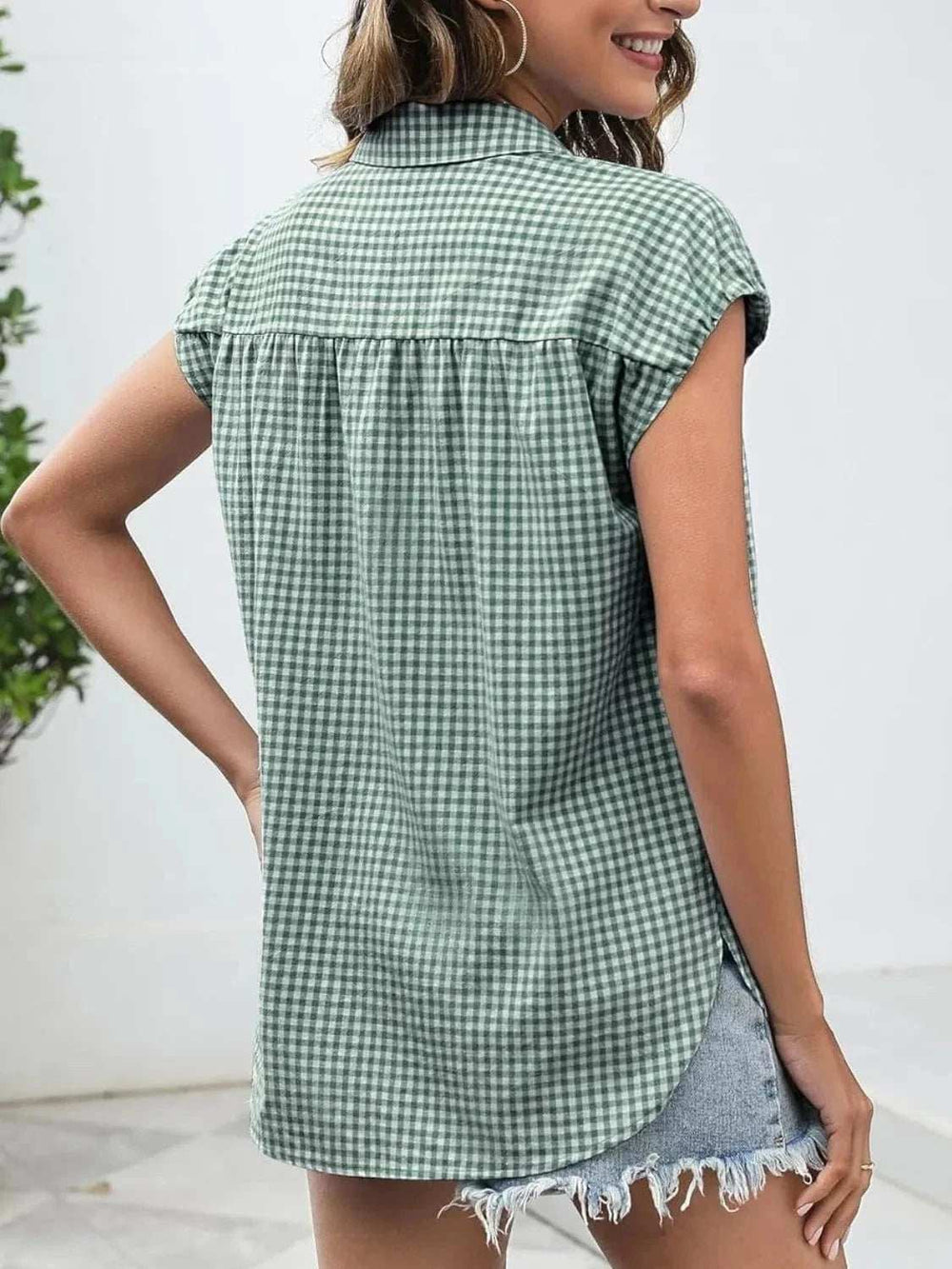 Plaid Button Up Cap Sleeve Shirt - Trendsi - Flyclothing LLC