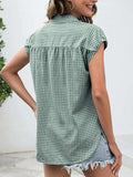 Plaid Button Up Cap Sleeve Shirt - Trendsi - Flyclothing LLC