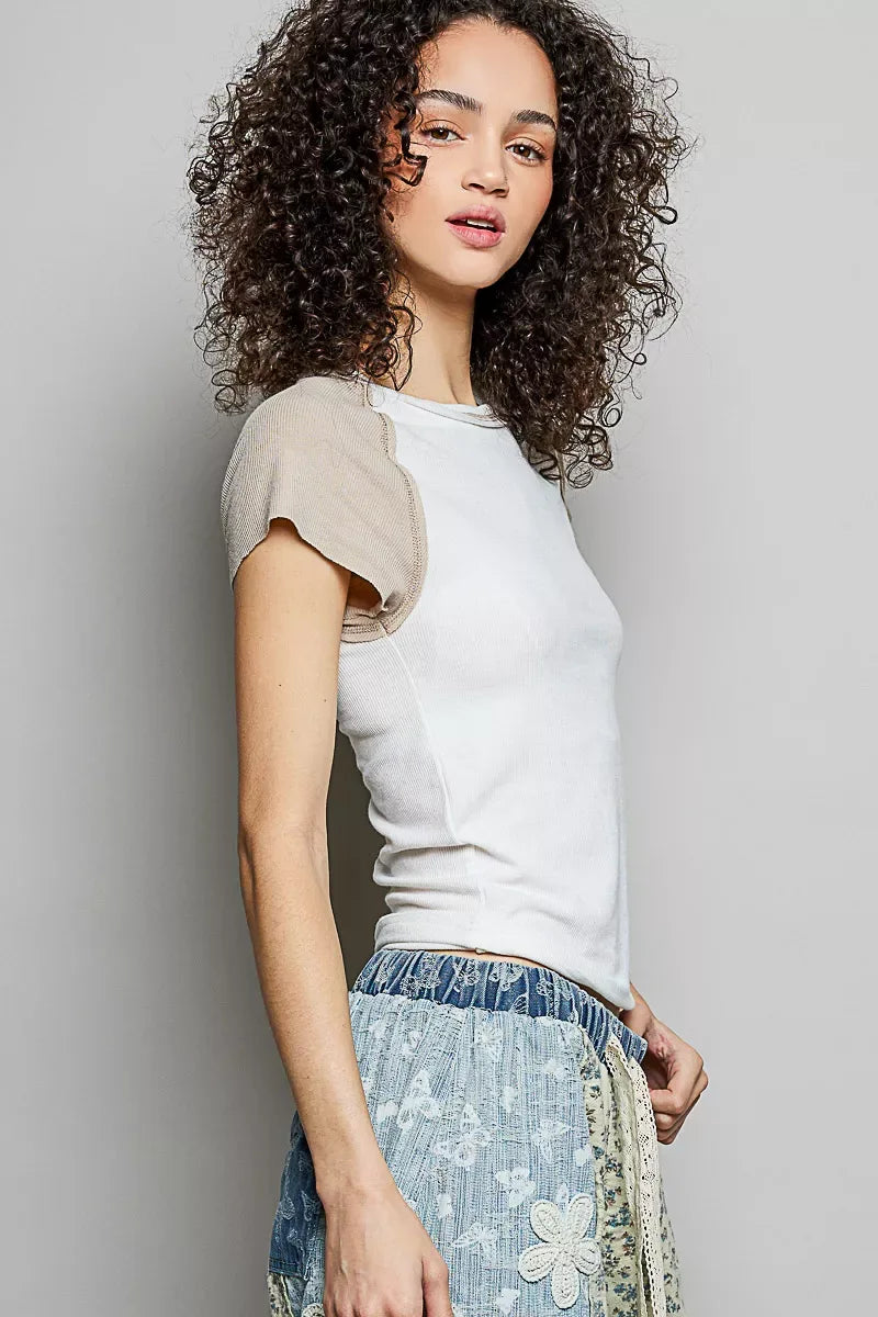 POL Round Neck Outseam Detail T-Shirt with Contrast Color Sleeves - Trendsi - Flyclothing LLC