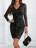 Metallic Ruffled V-Neck Long Sleeve Mini Dress - Trendsi - Flyclothing LLC