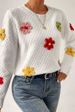 Crochet Flower Round Neck Long Sleeve Sweater - Trendsi - Flyclothing LLC