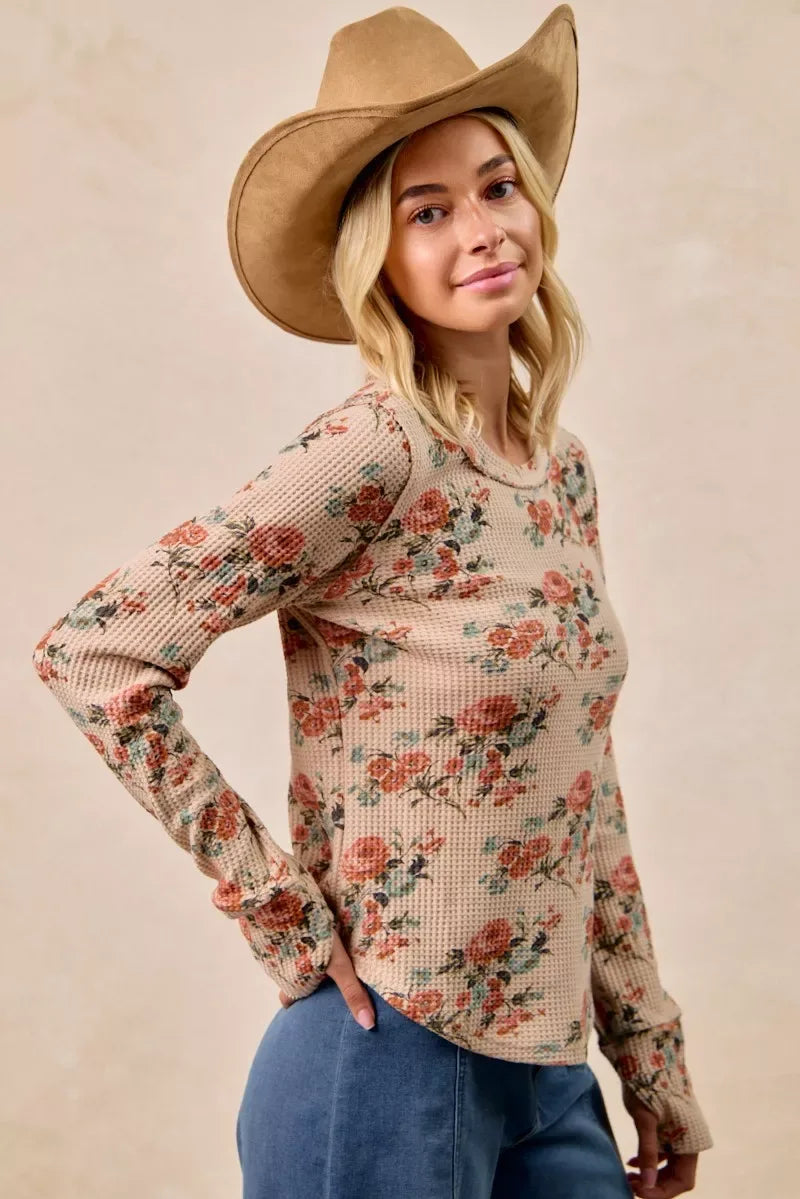 BiBi Floral Print Washed Waffle Thermal Top with Thumb - Trendsi - Flyclothing LLC