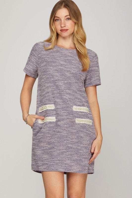 She + Sky Full Size Short Sleeve Pearl Studded Trim Knit Tweed Dress Plus Size - Trendsi - Flyclothing LLC