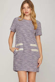 She + Sky Full Size Short Sleeve Pearl Studded Trim Knit Tweed Dress Plus Size - Trendsi - Flyclothing LLC