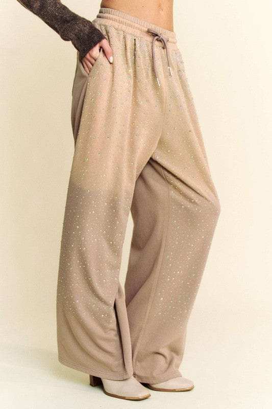Davi & Dani Rhinestone Drawstring Wide Leg Pants - Trendsi - Flyclothing LLC