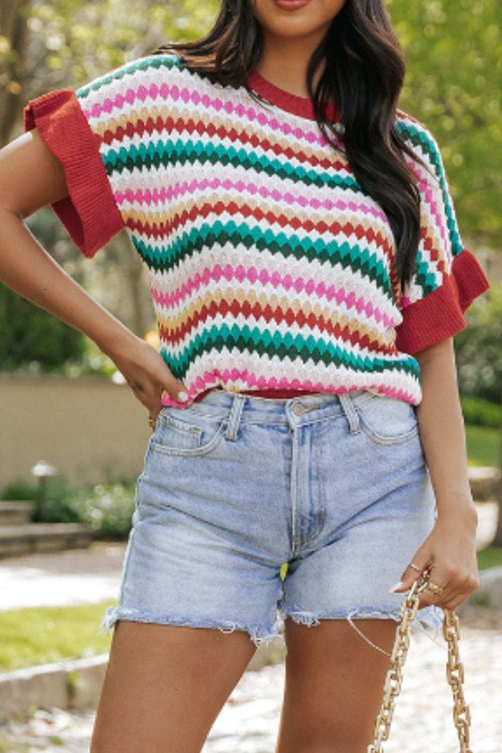 Contrast Round Neck Short Sleeve Sweater - Trendsi - Flyclothing LLC