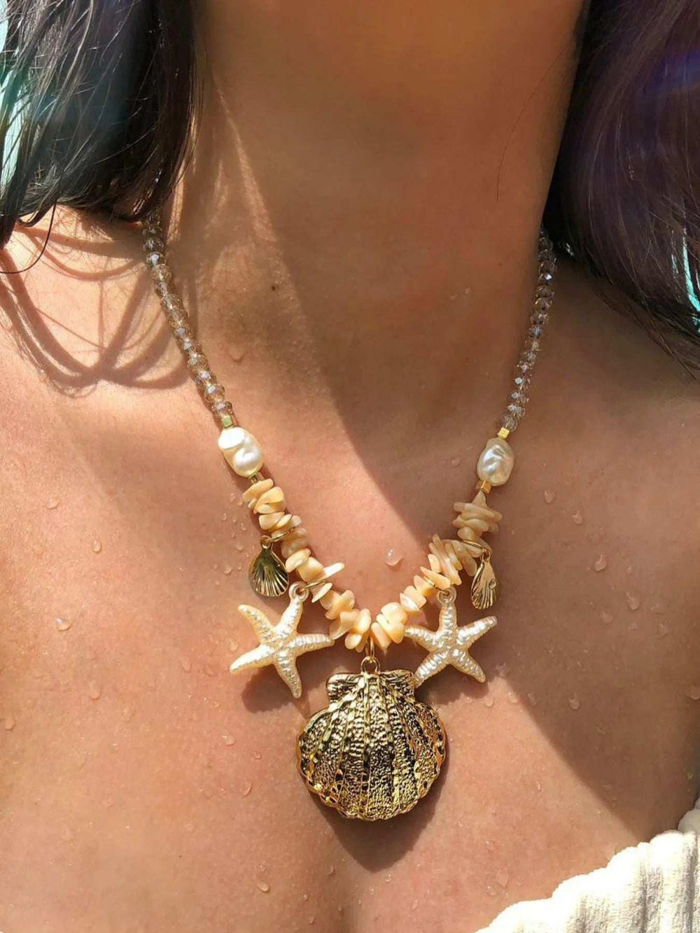 18K Gold-Plated Beach Shell Starfish Pendant Necklace - Trendsi - Flyclothing LLC