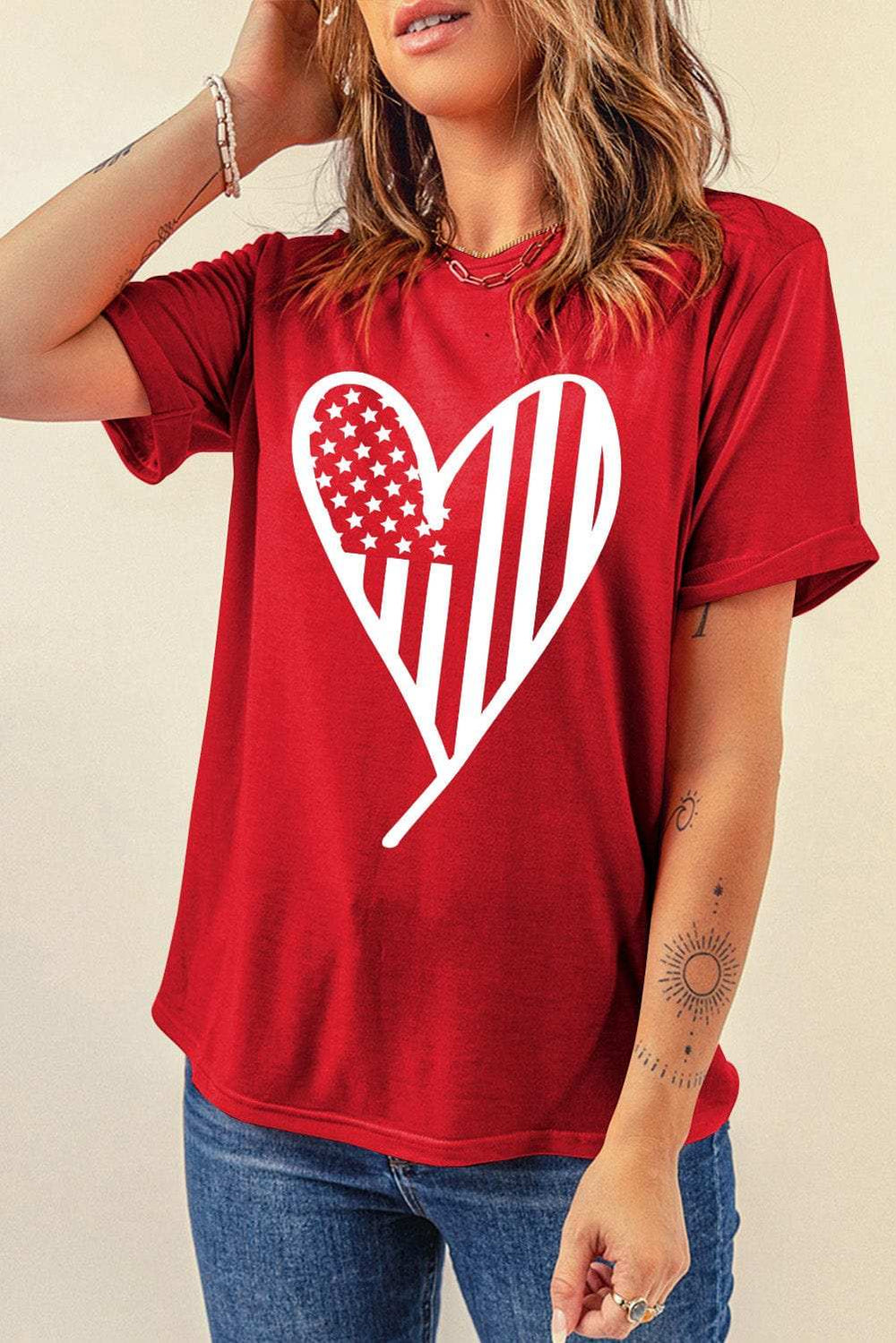 Heart Round Neck Short Sleeve T-Shirt - Trendsi - Flyclothing LLC
