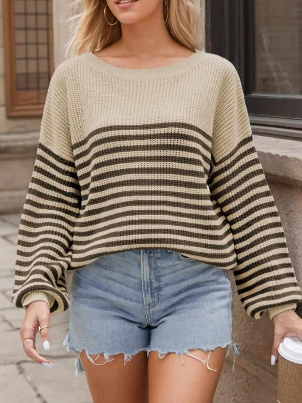 Striped Round Neck Long Sleeve Sweater - Trendsi - Flyclothing LLC