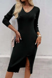 Slit V-Neck Long Sleeve Midi Dress - Trendsi - Flyclothing LLC