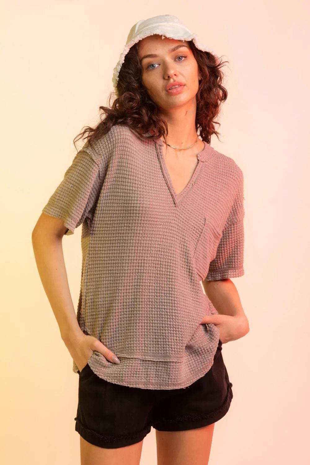 Waffle-Knit Notched Half Sleeve T-Shirt - Trendsi - Flyclothing LLC