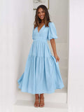Tiered Puff Sleeve Midi Dress - Trendsi - Flyclothing LLC