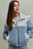 SO ME Faux Fur Sherpa Pull Jacket with Floral Contrast - Trendsi - Flyclothing LLC
