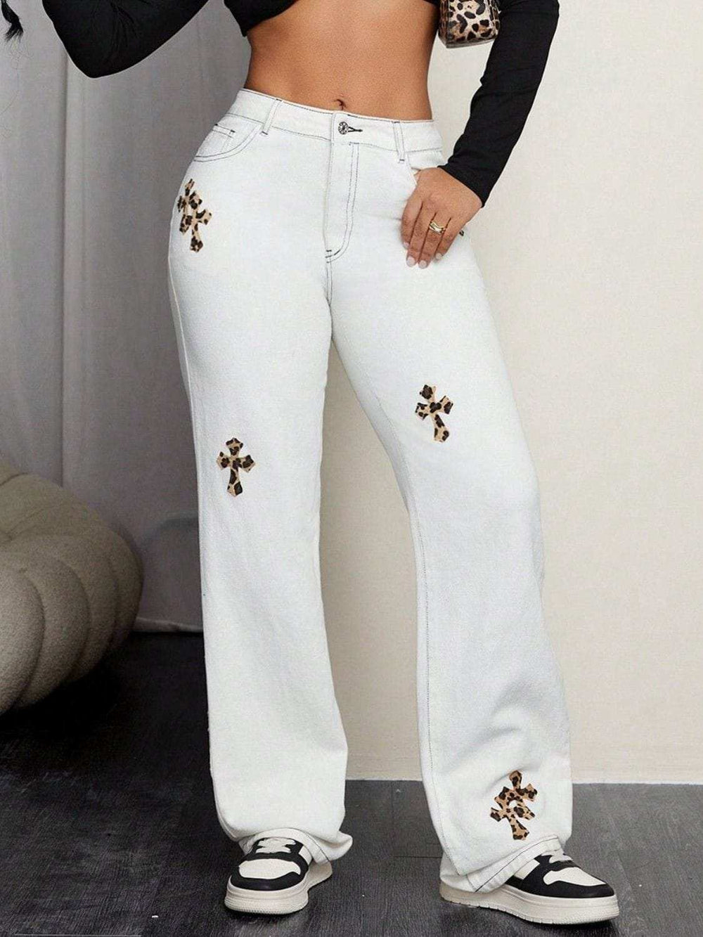 Leopard Cross Detail Straight Leg Jeans - Trendsi - Flyclothing LLC