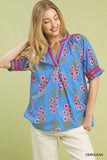 Umgee Floral V-Neck Puff Sleeve Top - Trendsi - Flyclothing LLC