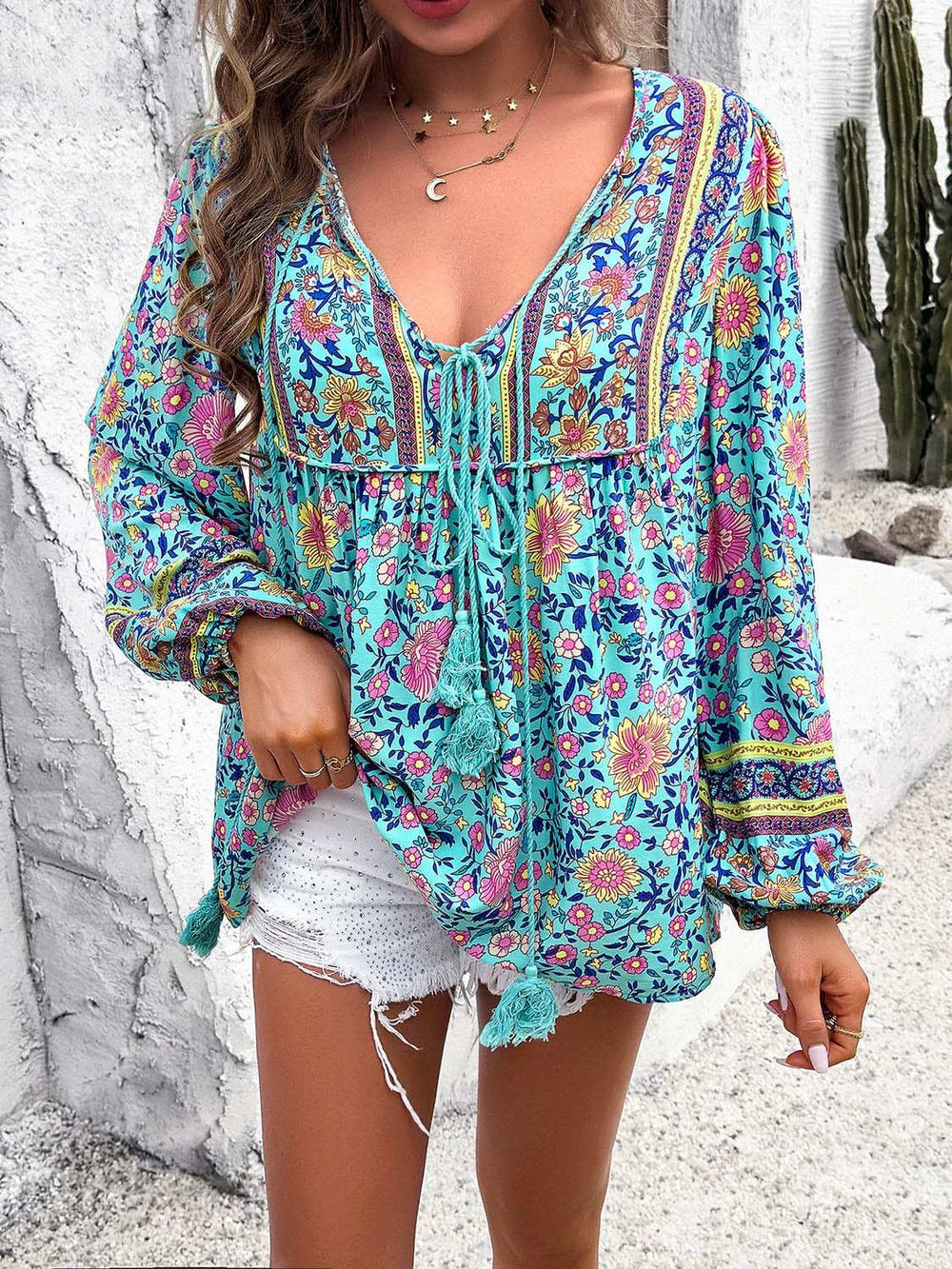 Printed Tie Neck Long Sleeve Blouse - Trendsi - Flyclothing LLC