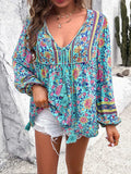 Printed Tie Neck Long Sleeve Blouse - Trendsi - Flyclothing LLC