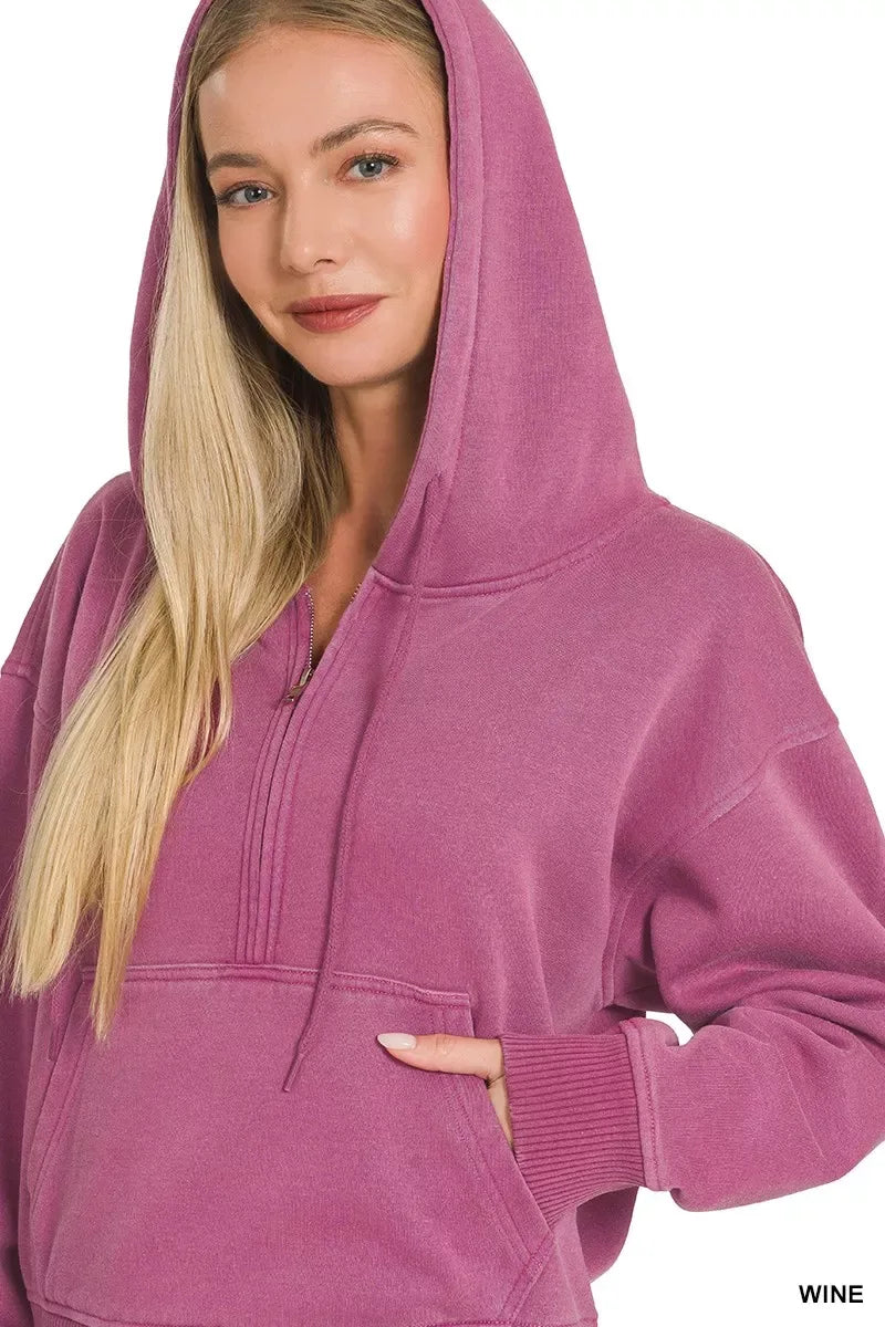 Zenana Fleece Pigment Dye Half Zip Kangaroo Pocket Hoodie - Trendsi - Flyclothing LLC