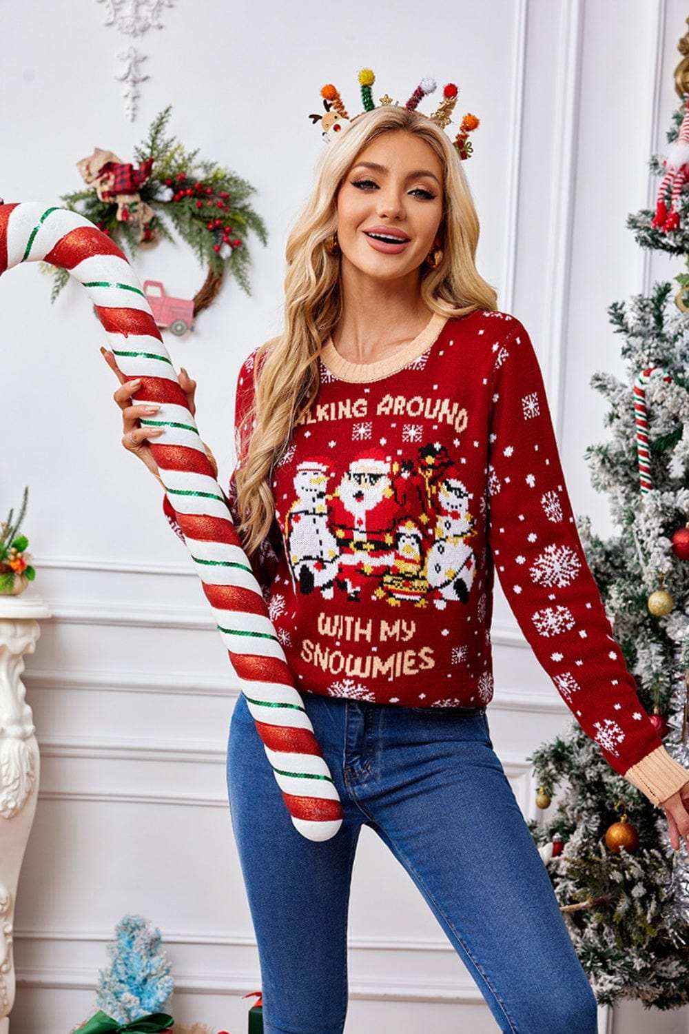 Christmas Pattern Round Neck Long Sleeve Sweater - Trendsi - Flyclothing LLC
