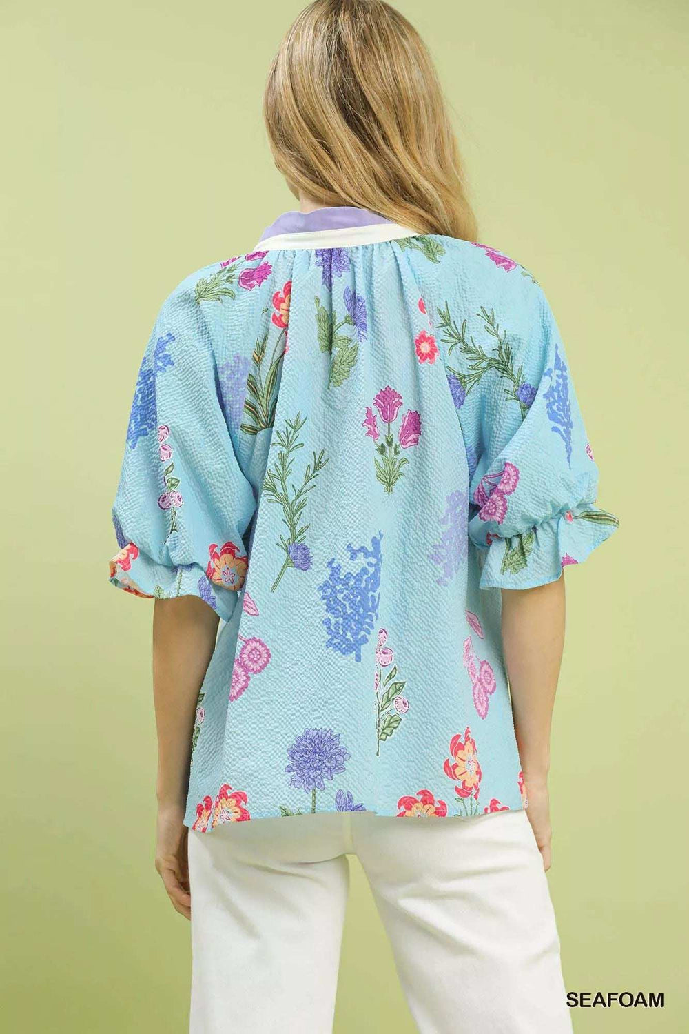 Umgee Floral Puff Sleeve Blouse with Scallop Trim Collar - Trendsi - Flyclothing LLC