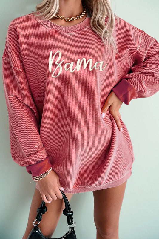 Corded Ribbed Bama Embroidered Letter Graphic Sweatshirt - Trendsi - Flyclothing LLC