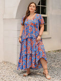 Plus Size Ruffled Printed V-Neck Short Sleeve Maxi Dress - Trendsi - Flyclothing LLC