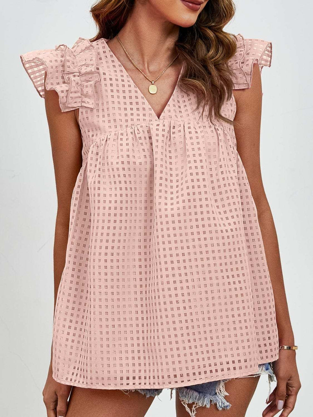 Ruched V-Neck Cap Sleeve Blouse - Trendsi - Flyclothing LLC