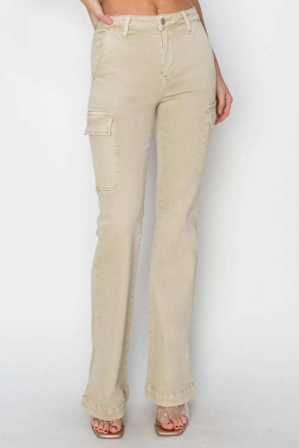 RISEN Full Size High Rise Side Slit Cargo Bootcut Jeans - Trendsi - Flyclothing LLC