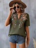 Embroidered Notched Short Sleeve T-Shirt - Trendsi - Flyclothing LLC