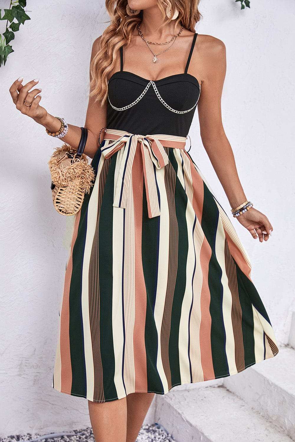 Tied Striped Spaghetti Strap Dress - Trendsi - Flyclothing LLC