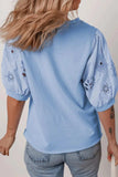 Eyelet Flower Embroidered Puff Short Sleeve Patchwork Crew Neck Blouse - Trendsi - Flyclothing LLC