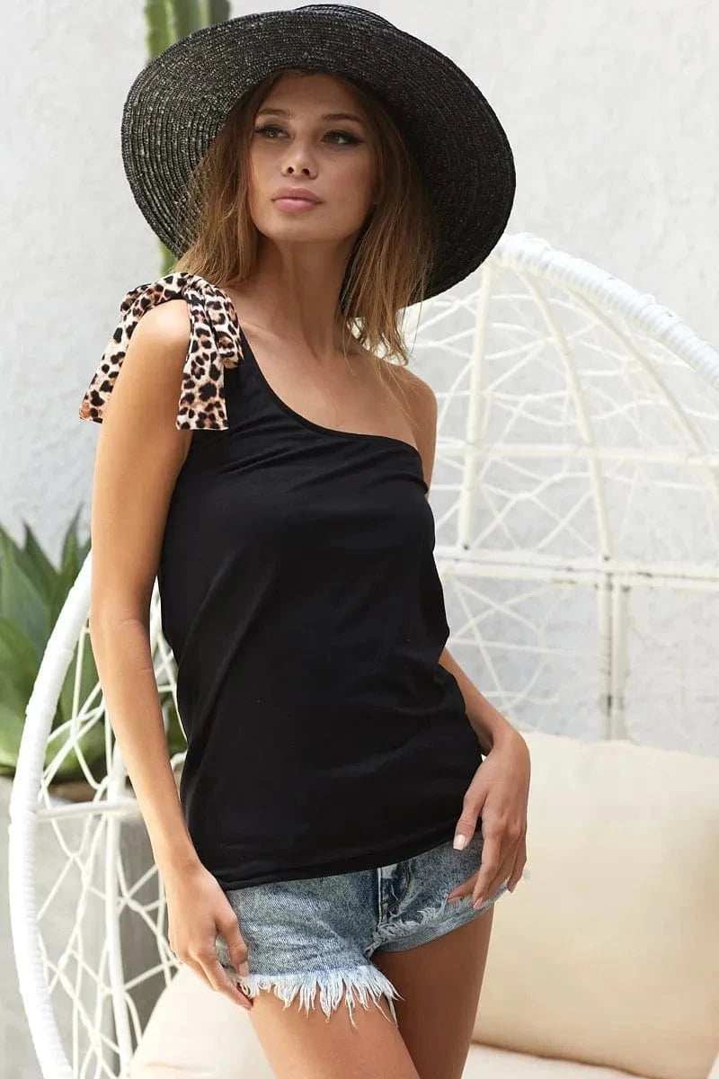 BiBi Rayon Span Knit One Shoulder Top with Leopard Ribbon - Trendsi - Flyclothing LLC