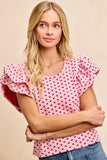 BiBi Heart Patterned Knit Ruffled Sleeves Top - Trendsi - Flyclothing LLC