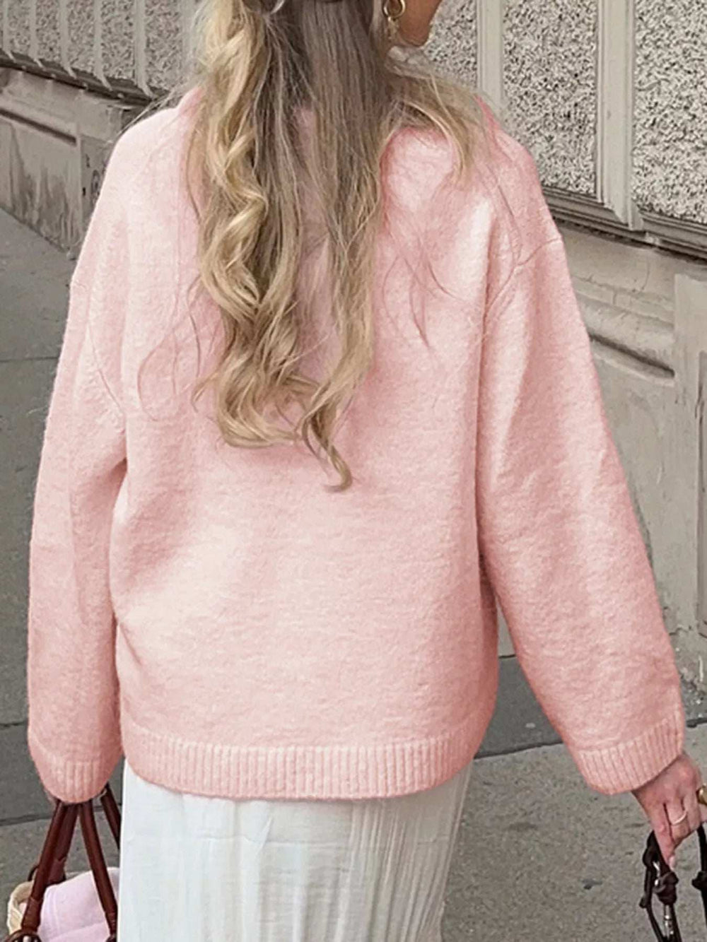 Ribbed Round Neck Dropped Shoulder Sweater - Trendsi - Flyclothing LLC