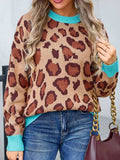 Leopard Round Neck Long Sleeve Sweater - Trendsi - Flyclothing LLC
