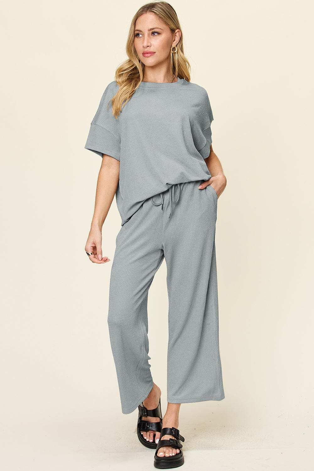 Double Take Full Size Texture Round Neck Short Sleeve T-Shirt and Wide Leg Pants - Trendsi - Flyclothing LLC