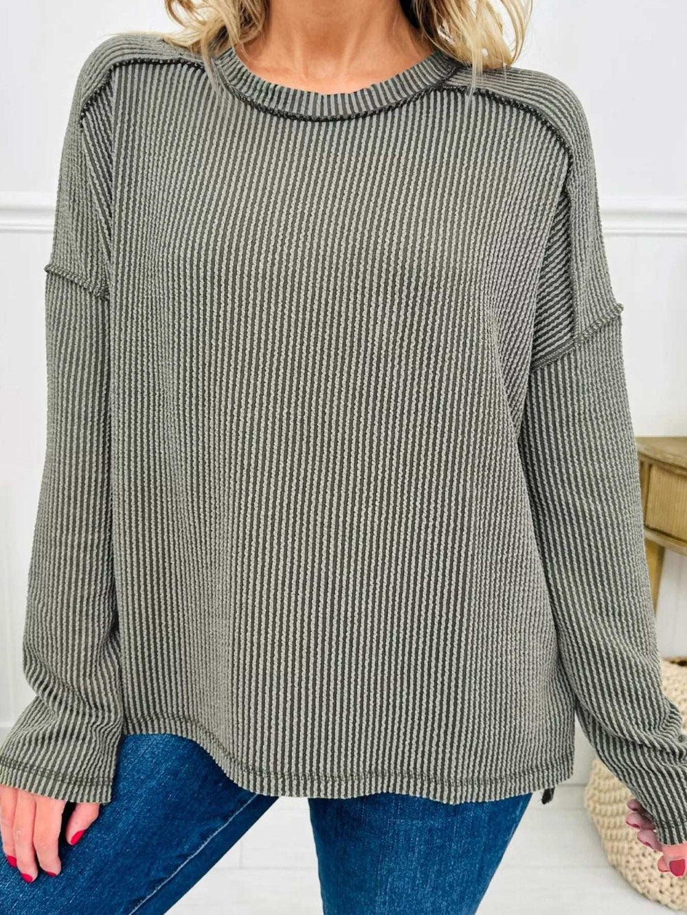 Twist Ribbed Exposed Seam Detail Long Sleeve Loose Top - Trendsi - Flyclothing LLC