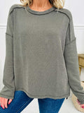 Twist Ribbed Exposed Seam Detail Long Sleeve Loose Top - Trendsi - Flyclothing LLC