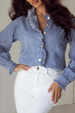 Frill Button Up Long Sleeve Denim Top - Trendsi - Flyclothing LLC