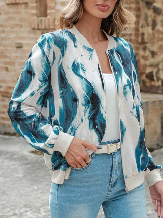 Printed Baseball Collar Zip Up Jacket - Trendsi - Flyclothing LLC