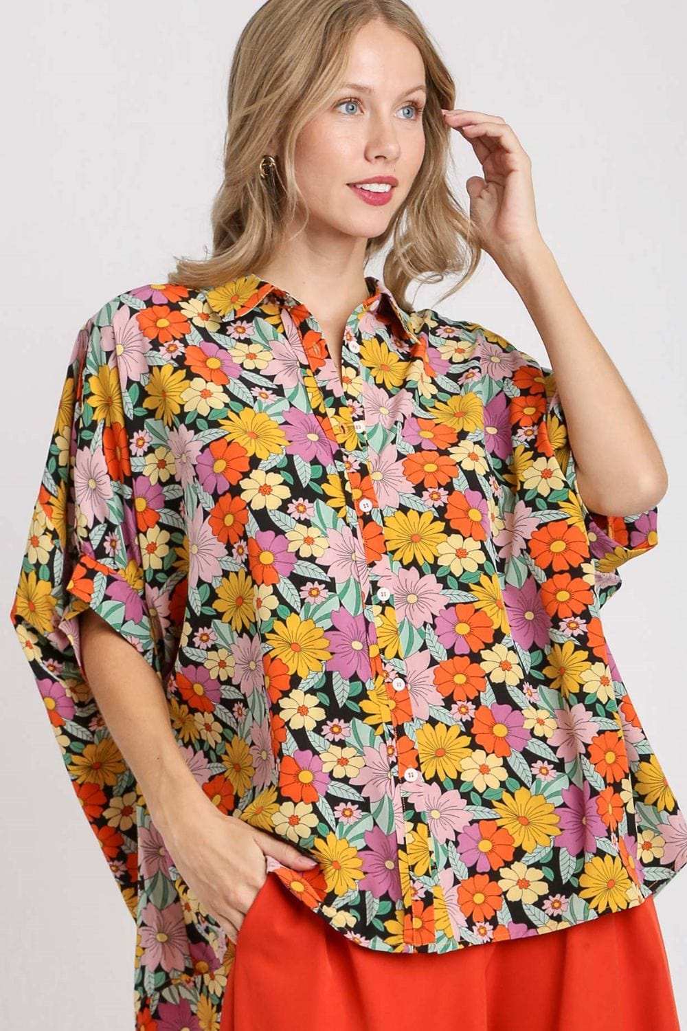 Umgee Full Size Flower Print Boxy Cut Button Down Shirt Plus Size - Trendsi - Flyclothing LLC