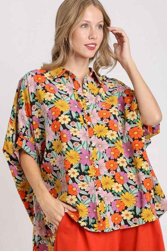 Umgee Full Size Flower Print Boxy Cut Button Down Shirt Plus Size - Trendsi - Flyclothing LLC