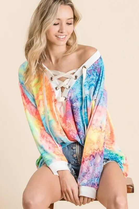 BiBi Tie Dye Deep V-neck Top With Lace Up Front - Trendsi - Flyclothing LLC