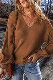 V-Neck Dropped Shoulder Long Sleeve Sweater - Trendsi - Flyclothing LLC