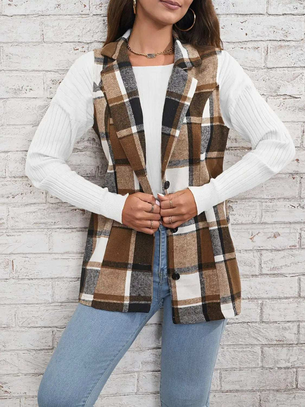 Plaid Button Down Vest Coat - Trendsi - Flyclothing LLC