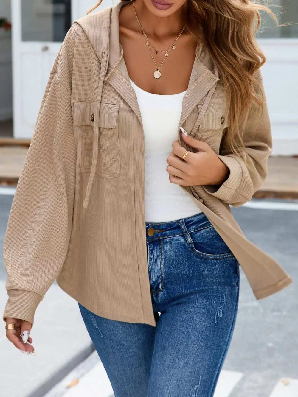 Waffle Knit Open Front Hooded Outerwear - Trendsi - Flyclothing LLC