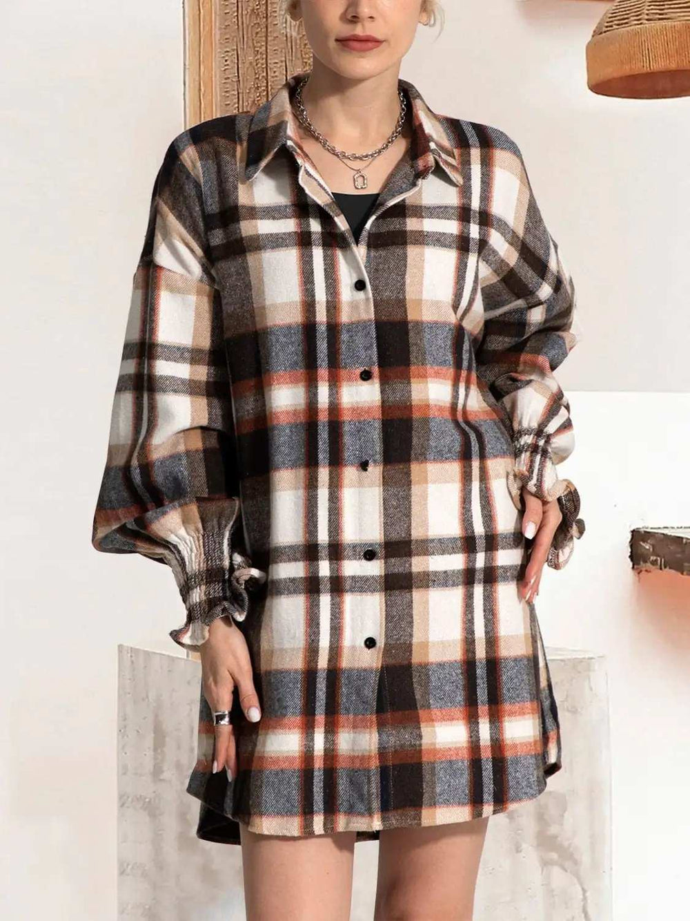 Button Up Plaid Long Sleeve Shirt Dress - Trendsi - Flyclothing LLC