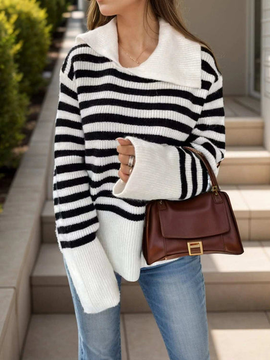 Striped Collared Neck Long Sleeve Sweater - Trendsi - Flyclothing LLC
