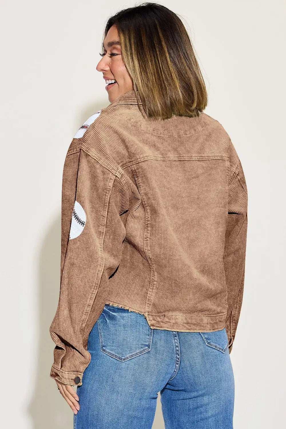 Baseball Sequin Dropped Shoulder Raw Hem Jacket - Trendsi - Flyclothing LLC